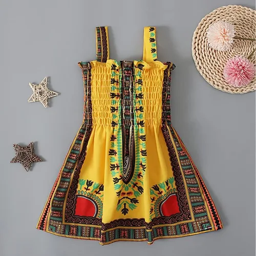 Vista 2 de Noubeau Vestido Dashiki africano para niñas pequeñas, vestido de tirantes con volantes, estilo étnico bohemio, ropa de verano para bebé niña