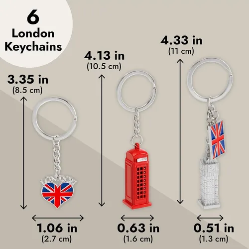 Vista 3 de Paquete de 6 llaveros de Londres, regalos de recuerdo, llaveros con bandera británica del Reino Unido, cabina de teléfono, Big Ben, autobús de dos