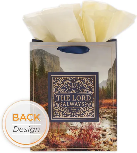 Vista 8 de Christian Art Gifts Bolsa de Regalo/Juego de Papel de Regalo Confía en el Señor Siempre Isaías 26:4 Versículo Bíblico, Azul/Oro, Mediano
