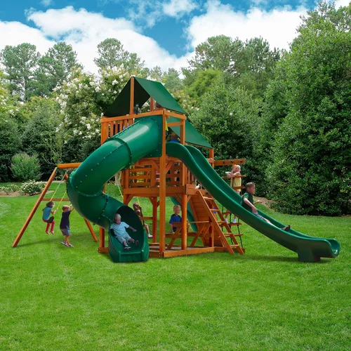 Vista 8 de Gorilla Playsets 01-0031-AP-1 Great Skye II - Juego de columpios de madera con toldo de vinilo verde, 3 toboganes y pared de roca, color ámbar