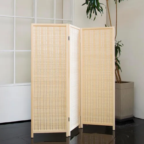 Vista 2 de Divisor corto de habitación de 3 paneles – Pantalla de privacidad plegable de doble cara de 3.9 pies de alto, pared de división de bambú beige