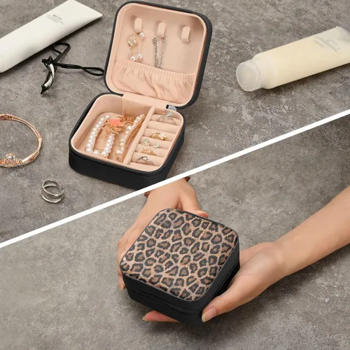 Vista 8 de Emelivor Joyero de viaje con estampado de leopardo de piel sintética, portátil, organizador de joyas de viaje, pequeño joyero para anillos