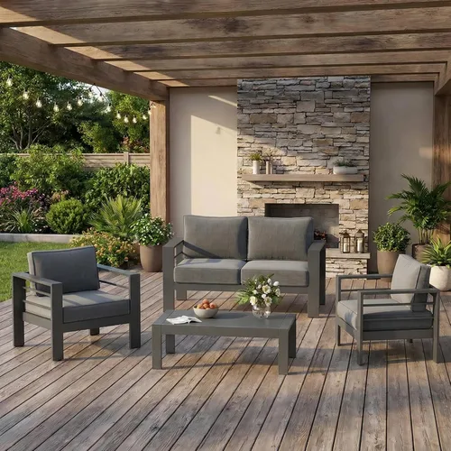 Vista 30 de Solaste Sofá de aluminio para patio con mesa auxiliar, juego de 3 muebles de patio con cojines, sofá de exterior para todo tipo de clima