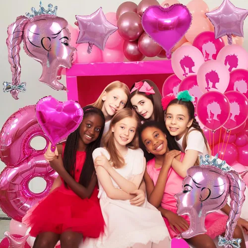 Vista 4 de 30 globos de papel de aluminio de princesa rosa intenso, globos de estrella de corazón rosa, cabeza de niña, kit de globos de látex