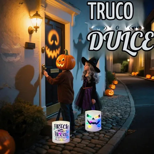 Vista 6 de Bolsas de Halloween para dulce o truco, cubo de caramelos, cesta de fantasmas iluminada, decoración multiusos reutilizable para dulces cubos