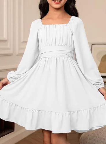 Vista 2 de blibean - Vestido de manga larga con lazo en la espalda para niñas y preadolescentes, vestido de otoño con hombros descubiertos, tallas para 6-15