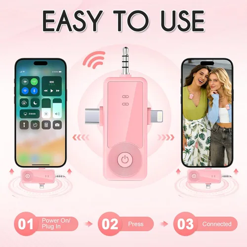 Vista 3 de Mini micrófono inalámbrico para iPhone/Android/cámara, reducción de Rosa