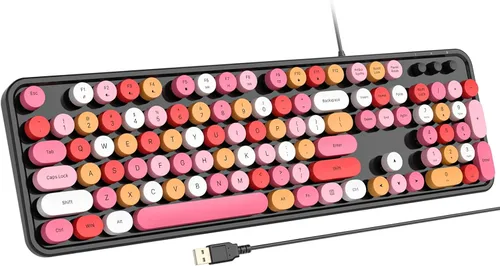 Vista 22 de Atelus Teclado USB con cable con retroiluminación de 7 colores, teclado de tamaño completo con teclas retro, teclado numérico y tecla de acceso
