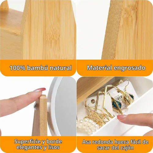 Vista 5 de YEAKE Espejo de maquillaje de tocador con soporte de bambú natural, espejo de aumento de doble cara 1X/3X con cajón, espejo portátil de mesa pequeño