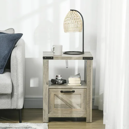 Vista 6 de HOMCOM Mesa auxiliar de granja, armario auxiliar rústico con almacenamiento, mesa auxiliar pequeña con cajón, mesa de efecto madera para sala