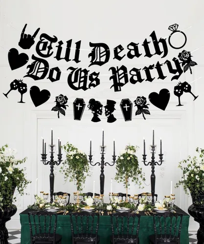 Vista 3 de Cartel de fiesta Black Till Death Do Us, cartel de fiesta en inglés antiguo, pancarta de fiesta de boda de Halloween, boda, despedida de soltera