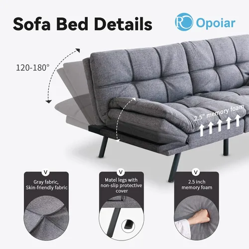 Vista 6 de Opoiar Sofá cama tamaño individual, sofá cama de espuma viscoelástica con colchón y marco incluidos, cómodo sofá biplaza de tela gris