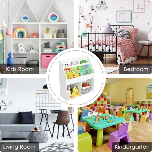 Vista 6 de KOTEK Estantería para niños con organizador de almacenamiento de juguetes, estantería para niños con estante de libros de 3 niveles y 2 cubos