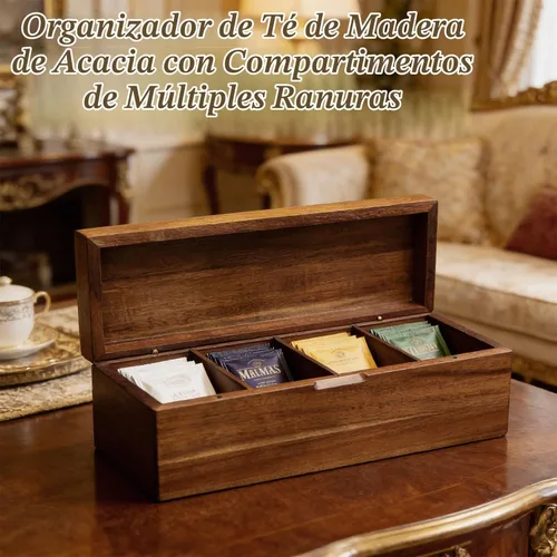 Vista 4 de Organizador de bolsas de té de madera de acacia con compartimentos