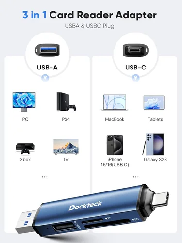 Vista 5 de Dockteck Lector de Tarjetas SD Adaptador, Lector de Tarjetas SD/TF USB3.0 de Super Velocidad 5G, Lector de Tarjetas de Memoria de 3 Ranuras USB A/C