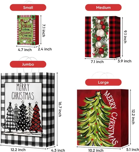 Vista 5 de Horaldaily 24 bolsas de papel de regalo de Navidad a granel con asas para envolver regalos de Navidad (6 jumbo, 6 grandes, 6 medianas, 6 pequeñas)