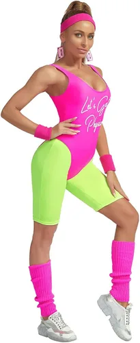 Vista 4 de MIAIULIA - Traje de entrenamiento de los años 80 para mujer, conjunto de accesorios de los años 80, leotardo, leggings de neón, diadema y muñequeras