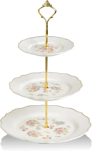 Vista 12 de Sweejar Soporte de cerámica para tartas de 3 niveles, soporte para postres, soporte para cupcakes, bandeja para servir pasteles de fiesta de té