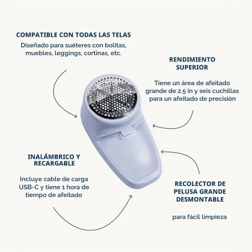 Vista 6 de Nori Trim Fabric Shaver - Removedor de pelusa para Ropa y Muebles - Azul