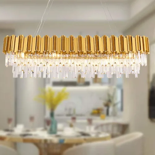Vista 14 de Lámpara de Araña Moderna de Cristal K9, Luminaria Colgante de Techo Rectangular con 8 Luces para Comedor y Cocina, Acabado en Cromo, L33.5 Pulgadas