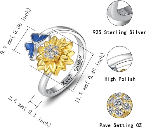 Vista 16 de Fidget Spinner Anxiety Rings for Women: Sterling Silver Lotus Moon Star Sunflower Ring Stress Relieving Calm Ring Jewelry Gifts for Daughter