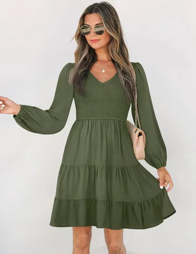 Vista 4 de ZESICA - Minivestido casual con cuello en V y manga larga para mujer, fruncido, de cintura alta y con volantes, vestido acampanado y escalonado