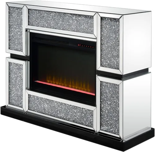 Vista 4 de Benjara BM238110 Chimenea eléctrica con marco de panel de espejo e incrustaciones de cristales sintéticos, color plateado