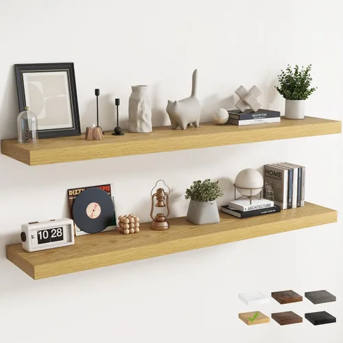 Vista 13 de Juego de 2 estantes flotantes de 16 pulgadas para pared, estantes de baño de grano de madera de 12 pulgadas de profundidad con soportes invisibles