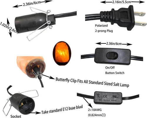 Vista 2 de Cable de repuesto para lámpara de sal de 6 pies con interruptor de encendido/apagado y base de candelabro E12, Negro
