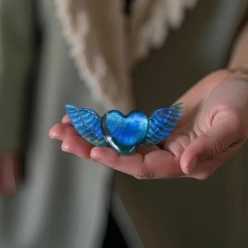 Vista 8 de Corazón de labradorita, corazón de cristal, piedras de labradorita, corazón de cristal curativo con alas