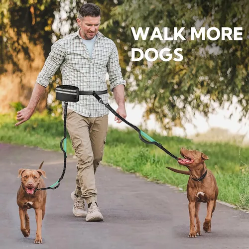 Vista 7 de Correa de perro manos libres para dos perros que caminan, correr, con cinturón de cintura, bolsa con cremallera y elástico amortiguador