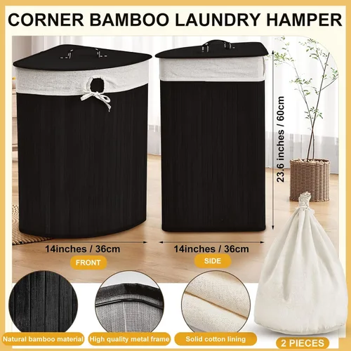 Vista 2 de Gueevin Cesta de bambú de esquina para la ropa sucia con tapa y forro extraíble, cesta de lavandería de bambú con asa, cesta de almacenamiento