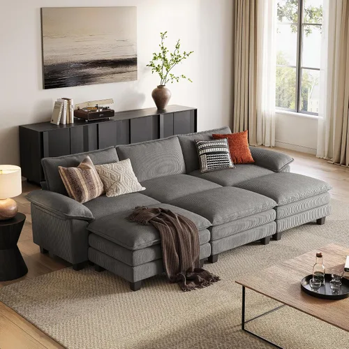 Vista 32 de LINSY HOME Cloud Sofa - Silla decorativa con tumbona otomana para interiores, sofá de pana perfecta para sala de estar, apartamento, oficina, beige