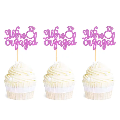 Vista 9 de Ercadio Paquete de 25 adornos para cupcakes con texto en inglés "We are Engaged", anillo con purpurina, para despedida de soltera, para boda Oro