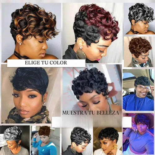 Vista 7 de MOONSHOW - Pelucas cortas de corte Pixie para mujeres negras, peluca de corte Pixie marrón Short Pixie Wigs for Black Women Natural Layered Short