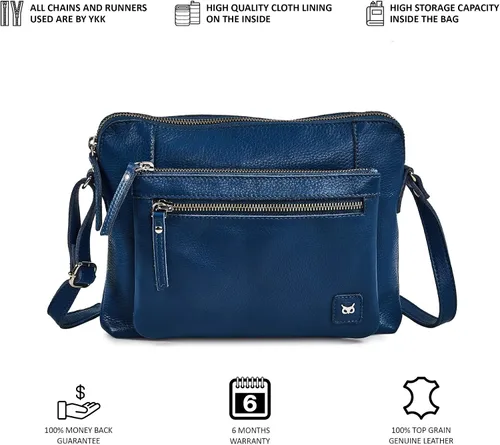 Vista 7 de Bolso cruzados pequeño y cartera de cuero auténtico granulado suave, bolso de hombro cruzado tipo bandolera de calidad prémium y triple cremallera
