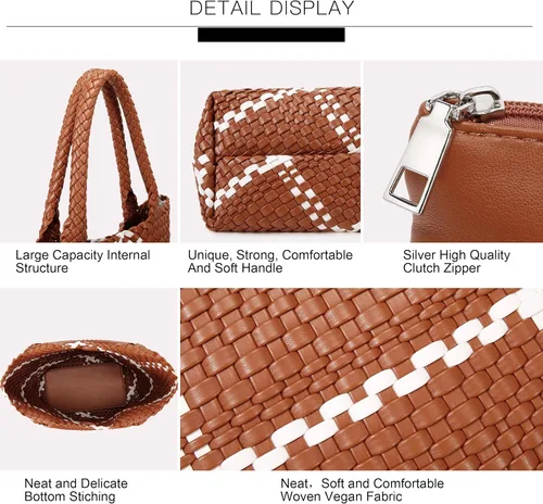 Vista 5 de Bolso de mano tejido de moda para mujer, bolso de compras de cuero vegano suave tejido a mano con bolso