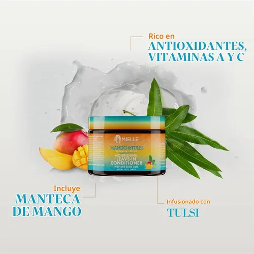 Vista 5 de Mielle Organics Mango & Tulsi Acondicionador nutritivo sin enjuague para cabello rizado, acondicionador hidratante sin enjuague con protección