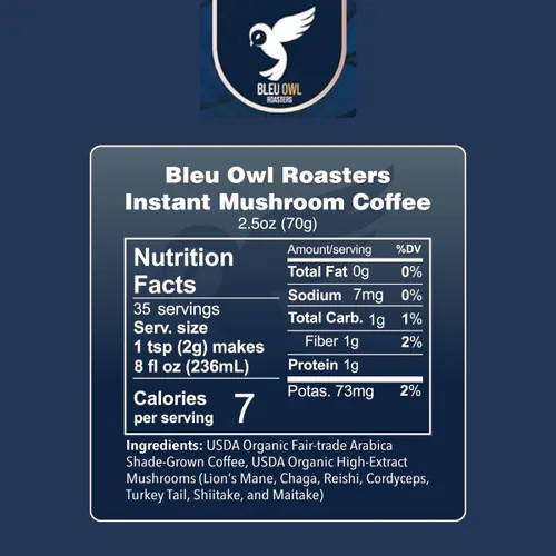 Vista 2 de Bleu Owl Instant Organic Mushroom Coffee - 7 Superfood Mushrooms for Gut Health Energy & Clarity - Arabica 35 servings, 2.5oz. - Lion’s Mane Chaga