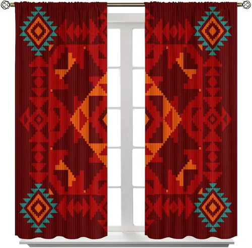Vista 350 de Cortinas con patrón geométrico tribal, estilo suroeste, azteca, rústico, occidental, nativo americano, opacas, con bolsillo para barra, decoración