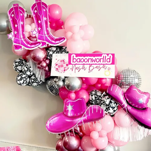 Vista 5 de 4 botas de vaquera rosa+sombrero de papel de aluminio/decoraciones de primer cumpleaños de rodeo niña/decoraciones de fiesta de vaca