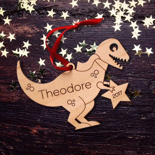 Vista 4 de Dinosaur Ornament Personalized Tyrannosaurus Rex Baby's First Christmas 2025 Wood Handmade