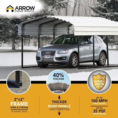 Vista 3 de Arrow Carports - Cochera de acero galvanizado, kit de cochera de metal compacto, 10 x 15 x 7 pies, cáscara de huevo Eggshell