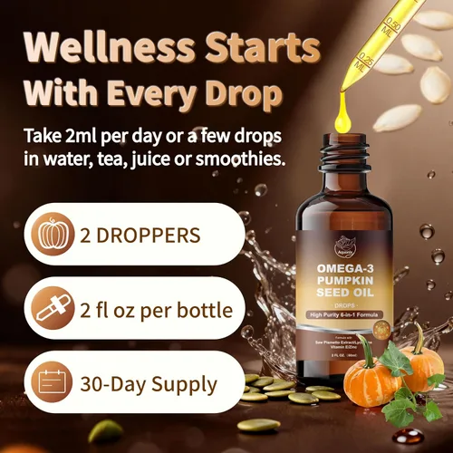 Vista 6 de Gotas de aceite de semilla de calabaza omega-3 con palma enana