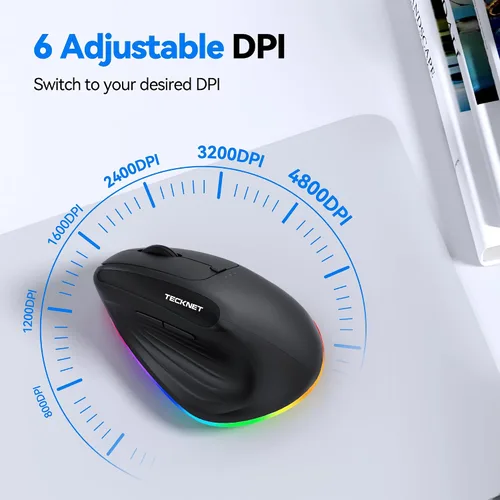 Vista 7 de TECKNET Ratón ergonómico inalámbrico recargable RGB – USB + Bluetooth Multi-dispositivo LED Vertical Mouse con 11 modos de retroiluminación RGB