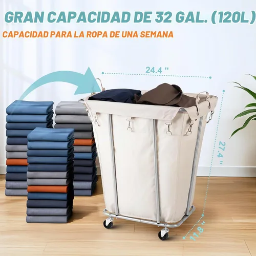 Vista 2 de PLKOW Cesta de lavandería con ruedas de 120L, color beige Beige-120L