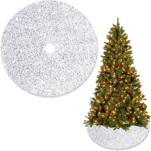 Vista 17 de Faldas de árbol moradas de Navidad de 21 pulgadas, faldas de árbol de lentejuelas con purpurina, decoración de tela de terciopelo, falda de árbol