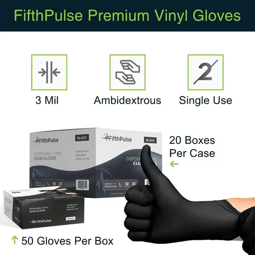 Vista 6 de FifthPulse Guantes desechables de vinilo negro - Guantes de examen médico sin polvo y látex