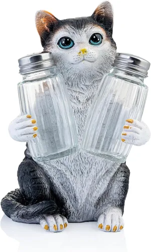 Vista 7 de Juego de salero y pimentero de resina con soporte y tarros de especias de cristal, decoración de cocina para amantes de los gatos, figura de gato