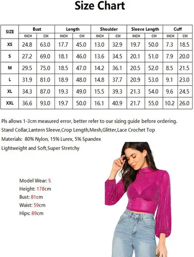 Vista 6 de ROMWE - Blusa para mujer con manga obispo brillantina y malla transparente